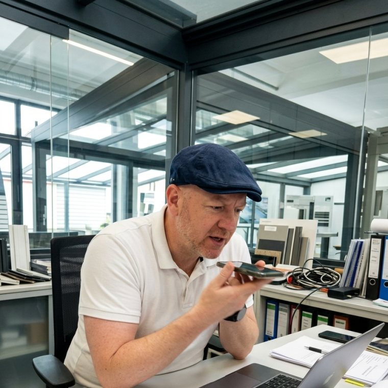 Andreas Achatz, Gründer von BauElemente360, im Gespräch am Arbeitsplatz