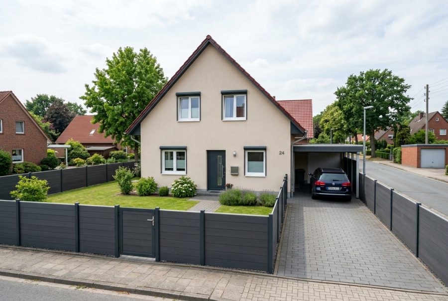 Anthrazit-Zaun als Sichtschutz vor einem Wohnhaus
